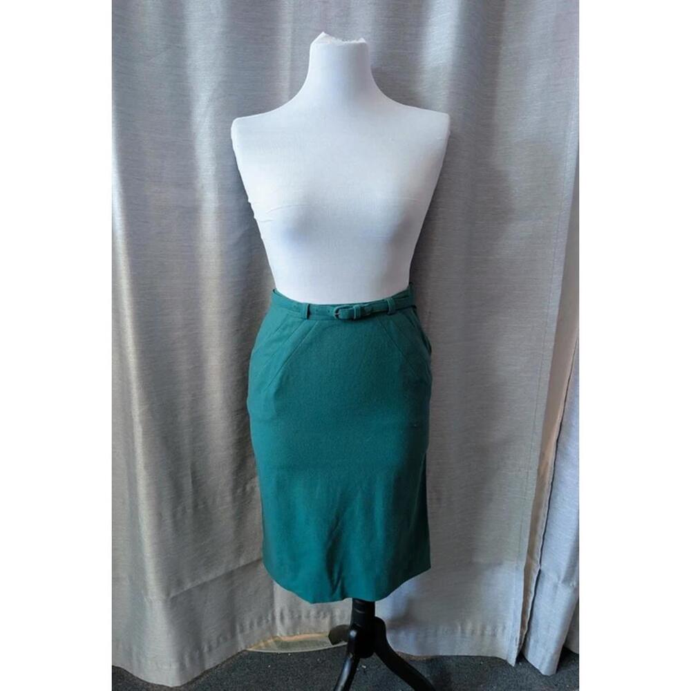 Vintage Skirt 50s 60s Green Wool Pencil Skirt with Matching Belt S